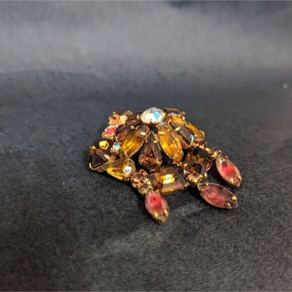 Vintage Brooch KRAMER 1960s Amber & Aurora Borealis Crystal Goldtone Jewellery - Picture 2 of 6